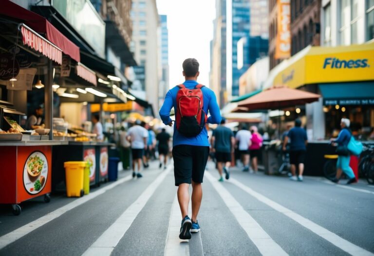 Uma pessoa caminhando por uma cidade movimentada, passando por vários vendedores de comida, restaurantes e academias, com um pedômetro contando seus passos.