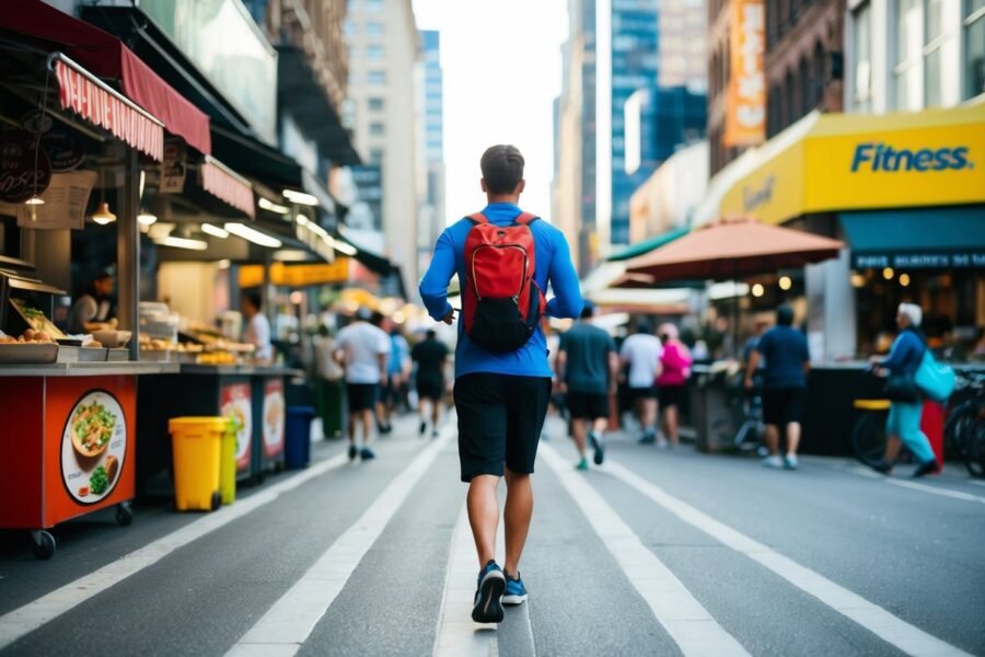 Uma pessoa caminhando por uma cidade movimentada, passando por vários vendedores de comida, restaurantes e academias, com um pedômetro contando seus passos.