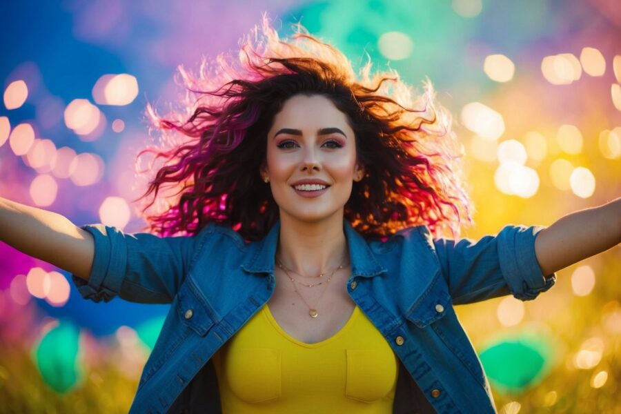Hayley surge na quinta temporada, cercada por cores vibrantes e uma atmosfera energética, simbolizando sua vitalidade renovada.
