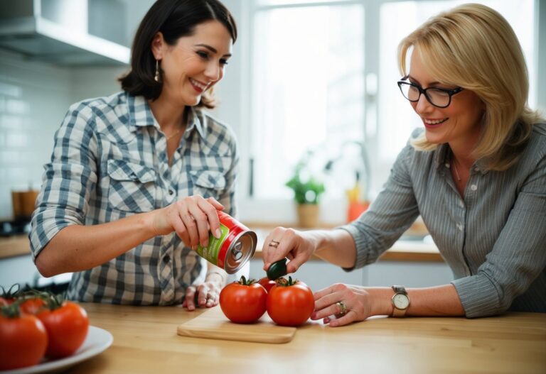Harvey e Donna usam o abridor de latas para abrir uma lata de tomates