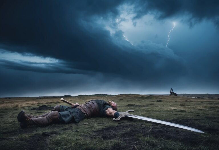 A morte de Ragnar: um campo de batalha solitário e desolado sob um céu tempestuoso, com um guerreiro caído e sua espada quebrada