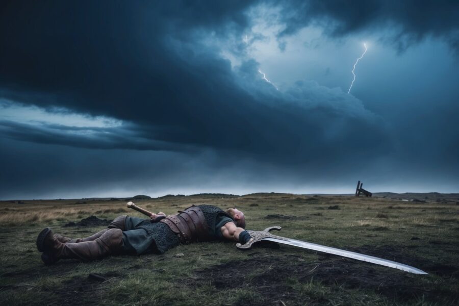A morte de Ragnar: um campo de batalha solitário e desolado sob um céu tempestuoso, com um guerreiro caído e sua espada quebrada