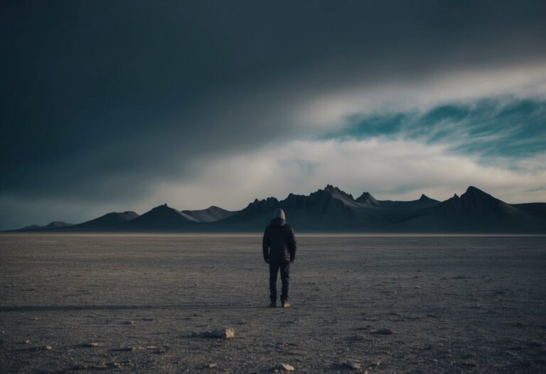 Uma figura solitária se destaca em uma planície desolada e varrida pelo vento sob um céu escuro e sombrio. A paisagem é árida e rochosa, com picos irregulares ao longe.