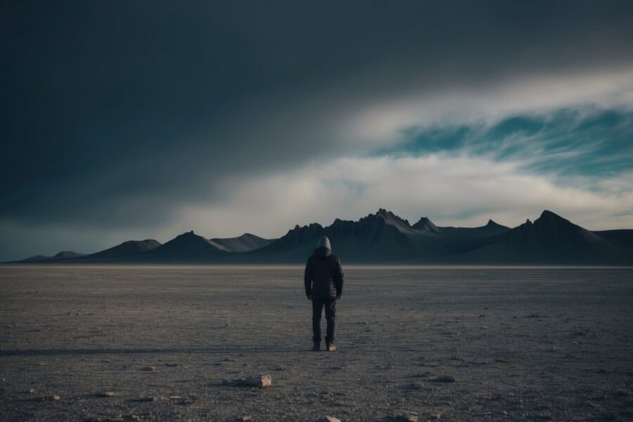 Uma figura solitária se destaca em uma planície desolada e varrida pelo vento sob um céu escuro e sombrio. A paisagem é árida e rochosa, com picos irregulares ao longe.