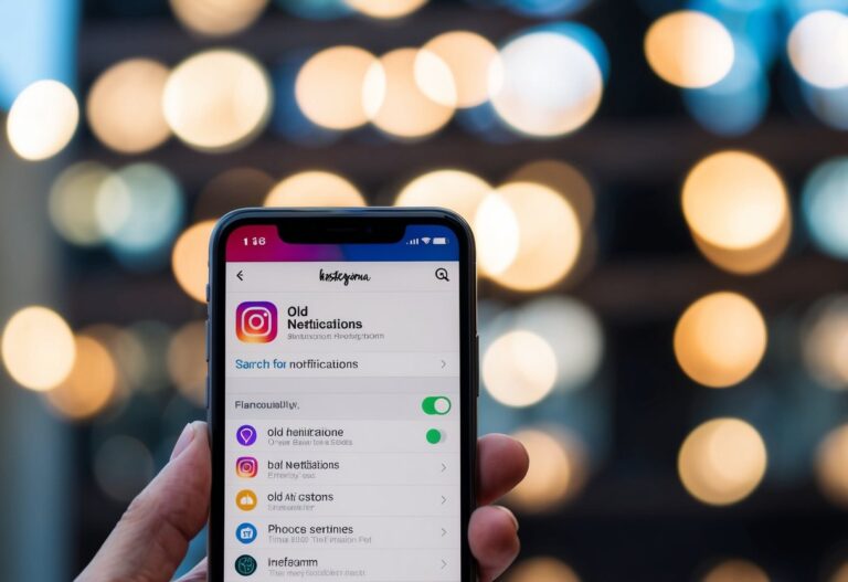 Uma tela de smartphone com o Instagram aberto, mostrando uma busca por 'notificações antigas' no menu de configurações