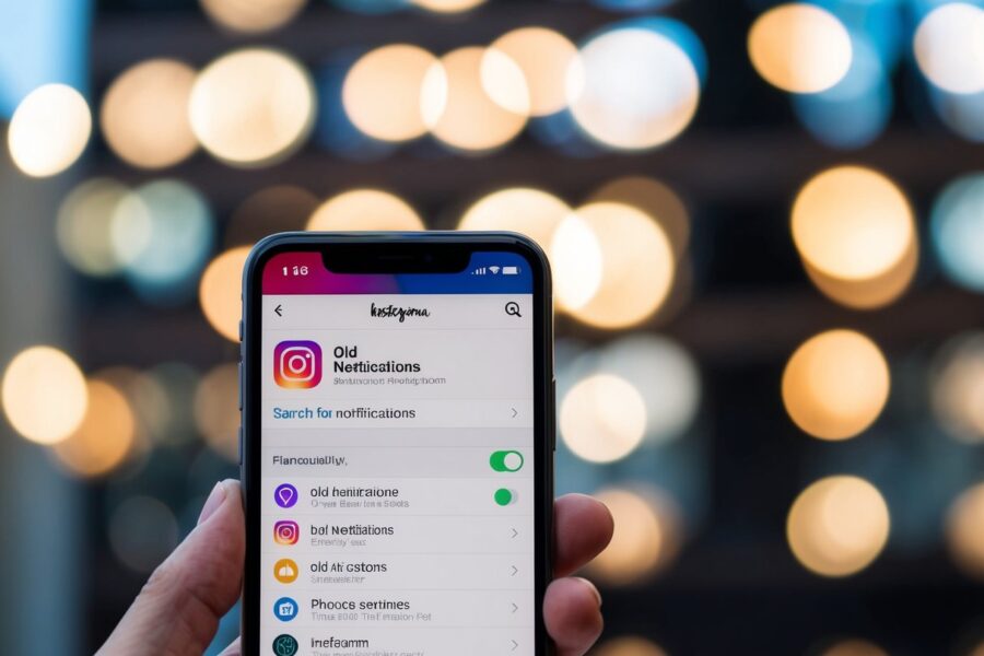 Uma tela de smartphone com o Instagram aberto, mostrando uma busca por 'notificações antigas' no menu de configurações