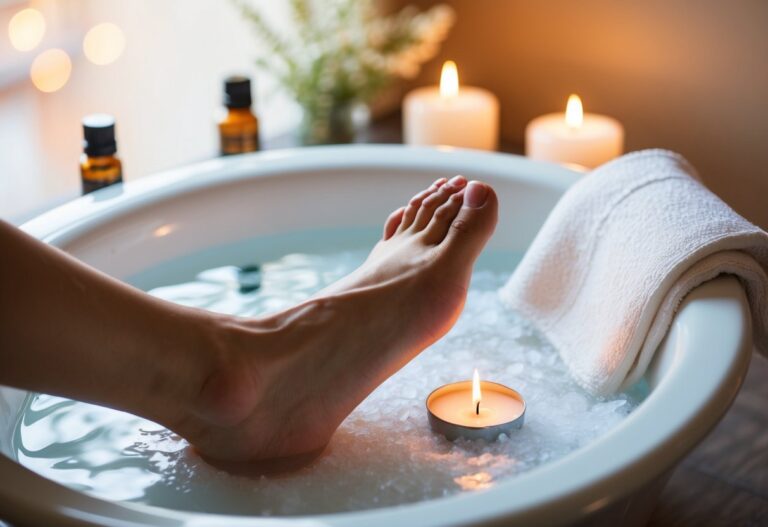 Um pé imerso em um banho morno de água salgada, com algumas gotas de óleo essencial, cercado por velas relaxantes e uma toalha.