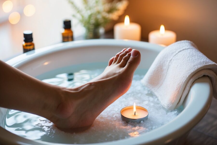 Um pé imerso em um banho morno de água salgada, com algumas gotas de óleo essencial, cercado por velas relaxantes e uma toalha.