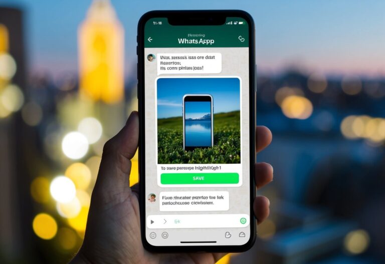 Uma tela de smartphone exibindo uma foto de visualização única em um chat do WhatsApp, com a opção de salvar a imagem destacada