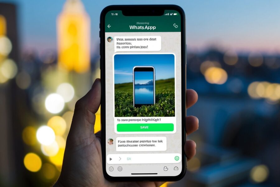 Uma tela de smartphone exibindo uma foto de visualização única em um chat do WhatsApp, com a opção de salvar a imagem destacada