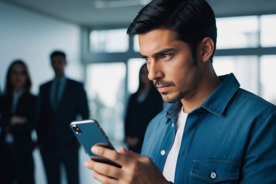 Uma pessoa segurando um smartphone enquanto olha suspeitosamente ao redor, com figuras sombrias ao fundo.