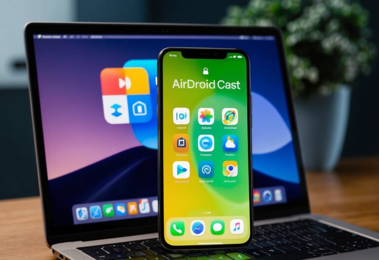 Uma tela de smartphone exibindo a interface do Airdroid Cast, com vários ícones de aplicativos e uma tela espelhada em um laptop.