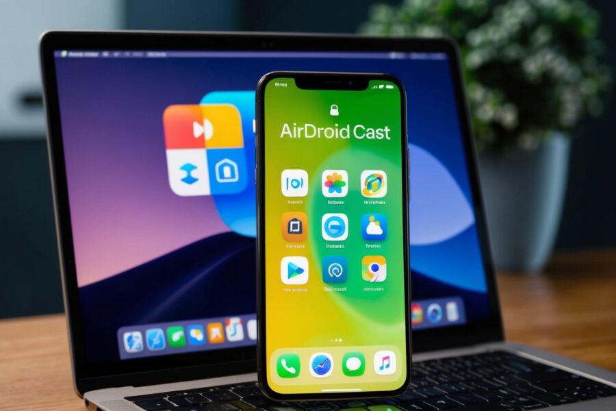 Uma tela de smartphone exibindo a interface do Airdroid Cast, com vários ícones de aplicativos e uma tela espelhada em um laptop.