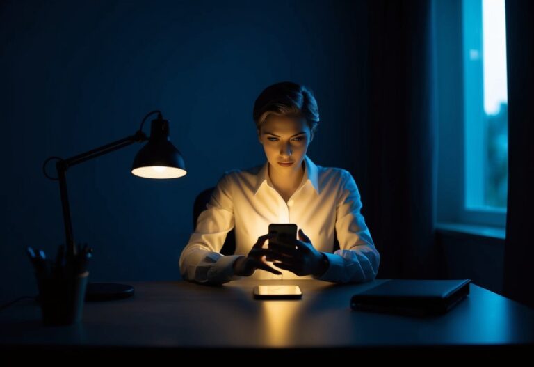 Uma figura está sentada em uma mesa mal iluminada, digitando em um smartphone com uma expressão secreta. O quarto está escuro, com apenas o brilho do telefone iluminando seu rosto.