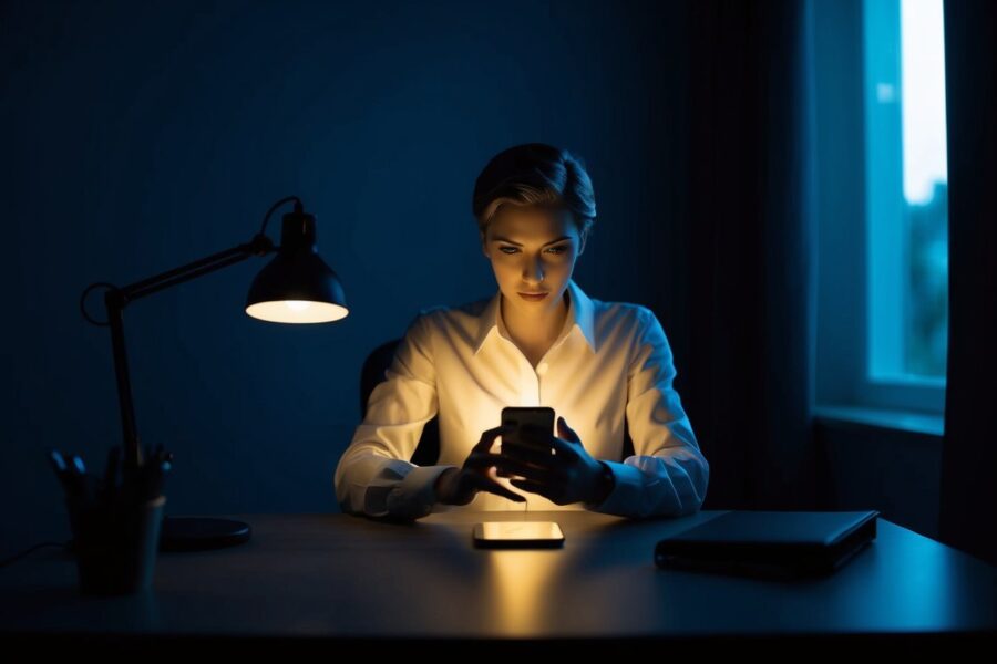 Uma figura está sentada em uma mesa mal iluminada, digitando em um smartphone com uma expressão secreta. O quarto está escuro, com apenas o brilho do telefone iluminando seu rosto.