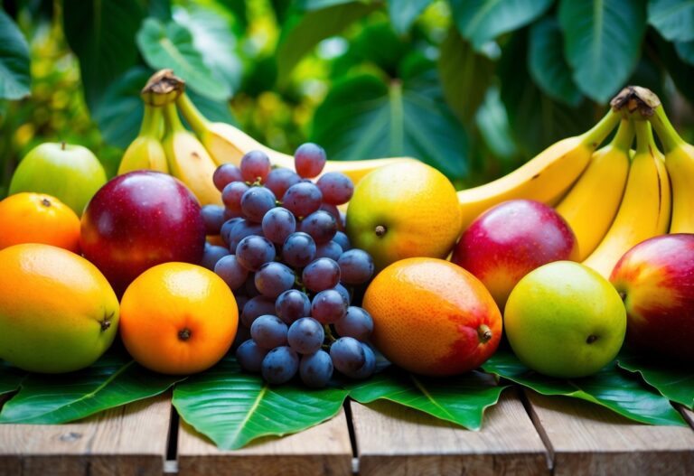 Uma colorida variedade de frutas doces e maduras dispostas sobre uma mesa de madeira. Uvas, bananas e mangas maduras contrastam com as folhas verdes.
