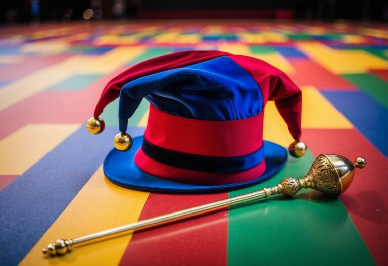 Um chapéu de bobo da corte e um cetro deitados no chão de um palco colorido