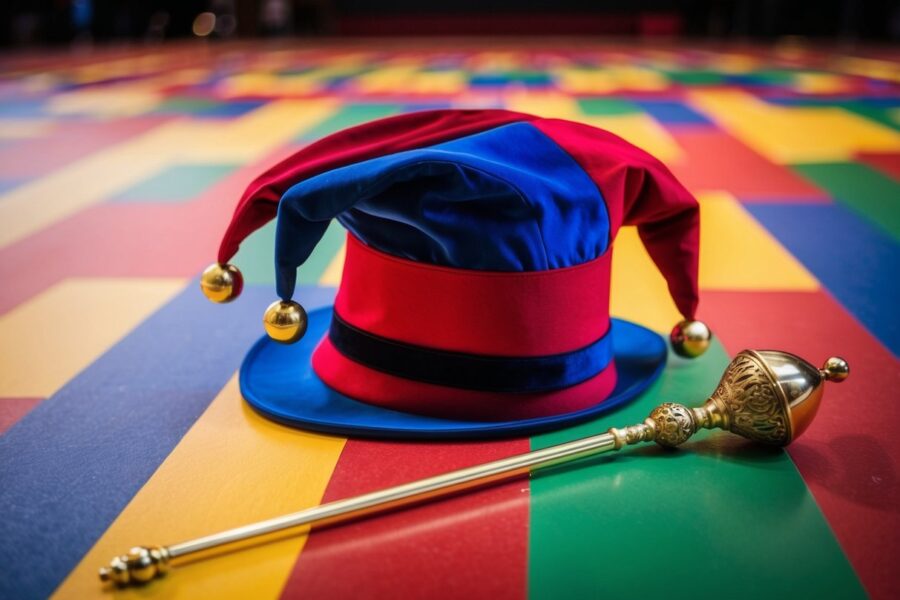 Um chapéu de bobo da corte e um cetro deitados no chão de um palco colorido