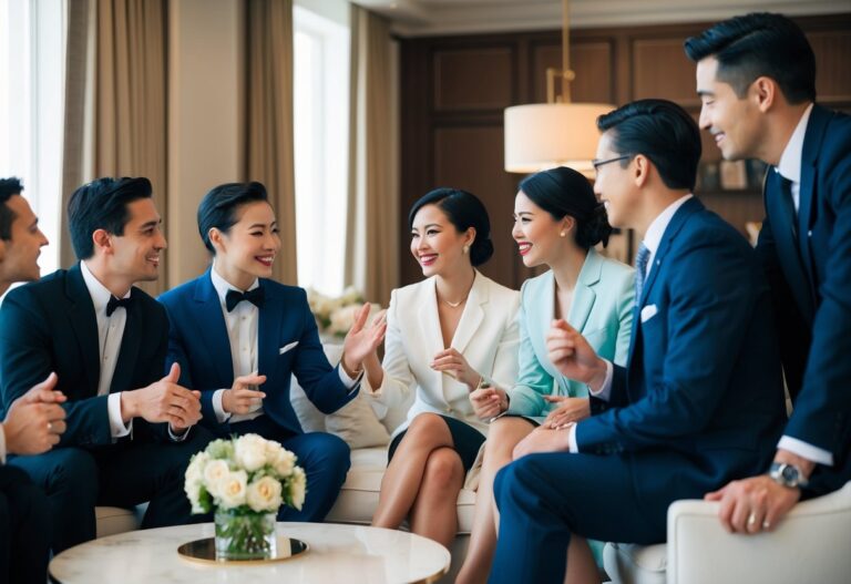 Um grupo de indivíduos bem vestidos se reuniu em um ambiente luxuoso, envolvido em conversas animadas e trocando olhares cúmplices.