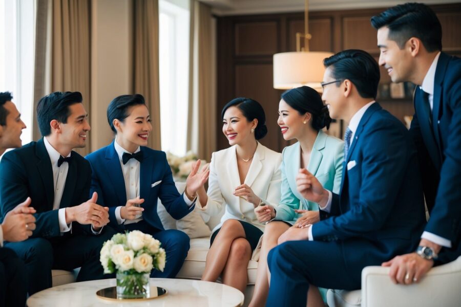 Um grupo de indivíduos bem vestidos se reuniu em um ambiente luxuoso, envolvido em conversas animadas e trocando olhares cúmplices.