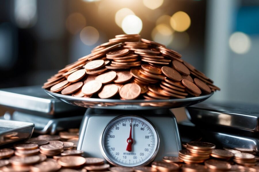 Uma pilha de centavos esmagando uma balança, cercada por objetos pesados