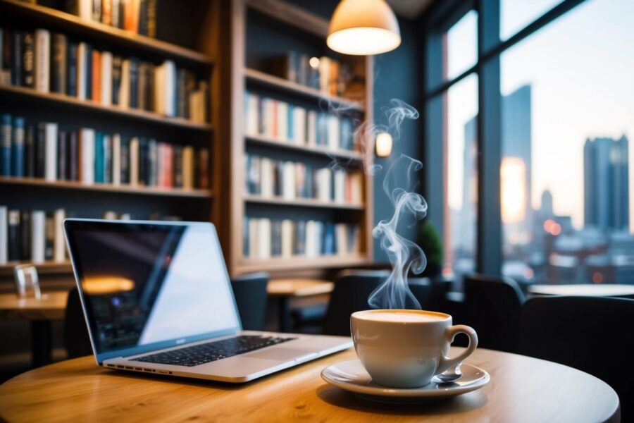 Um café aconchegante com uma xícara fumegante de café e um laptop na mesa. Uma estante cheia de romances e uma janela com vista para a cidade.