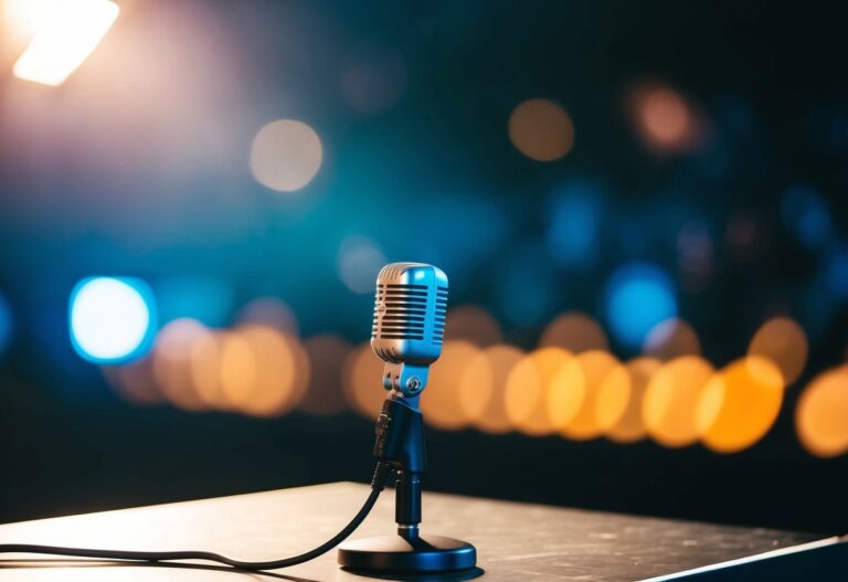 Um microfone em um palco com um holofote iluminando-o