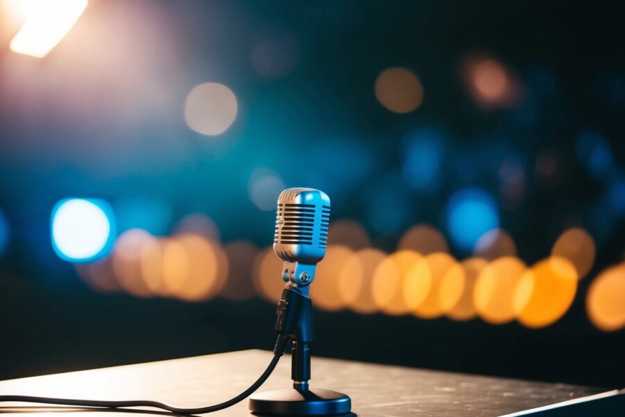 Um microfone em um palco com um holofote iluminando-o