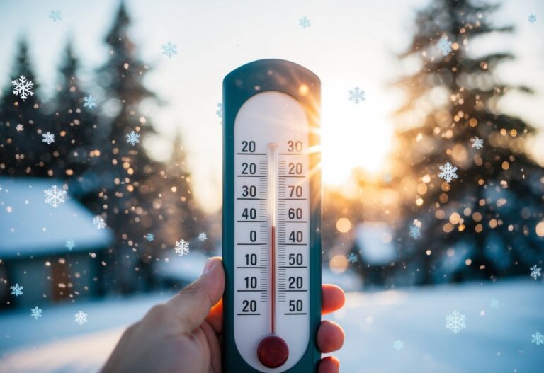 Um termômetro marcando 21 graus, cercado por flocos de neve e um sol