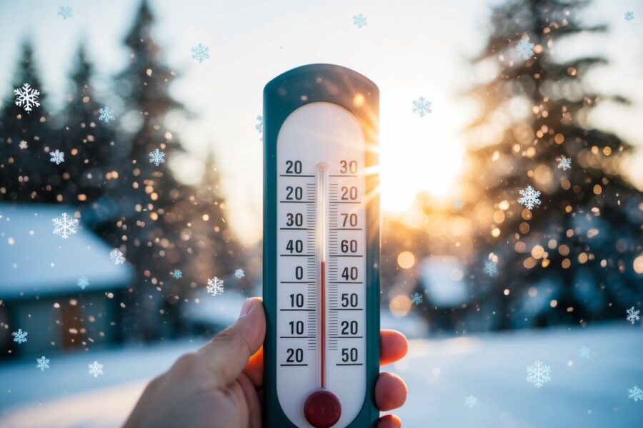 Um termômetro marcando 21 graus, cercado por flocos de neve e um sol