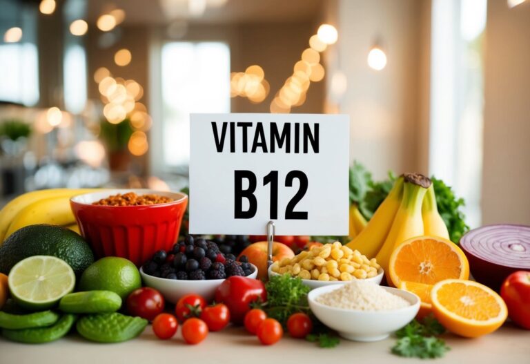 Uma variedade de alimentos ricos em vitamina B12 dispostos em uma mesa
