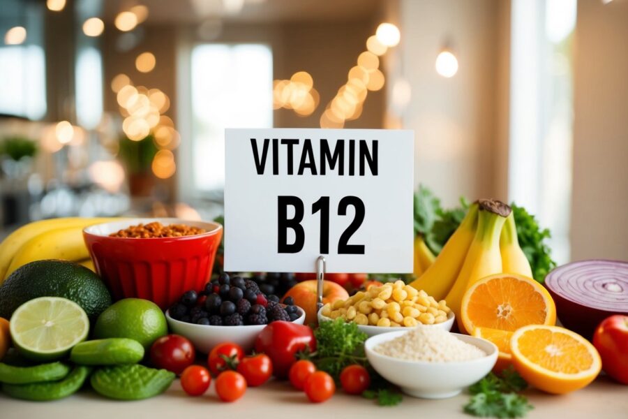 Uma variedade de alimentos ricos em vitamina B12 dispostos em uma mesa