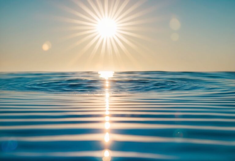 Uma luz radiante brilhando através de um corpo d'água claro e calmo, simbolizando a natureza pura e iluminadora do nome Clara na Bíblia.