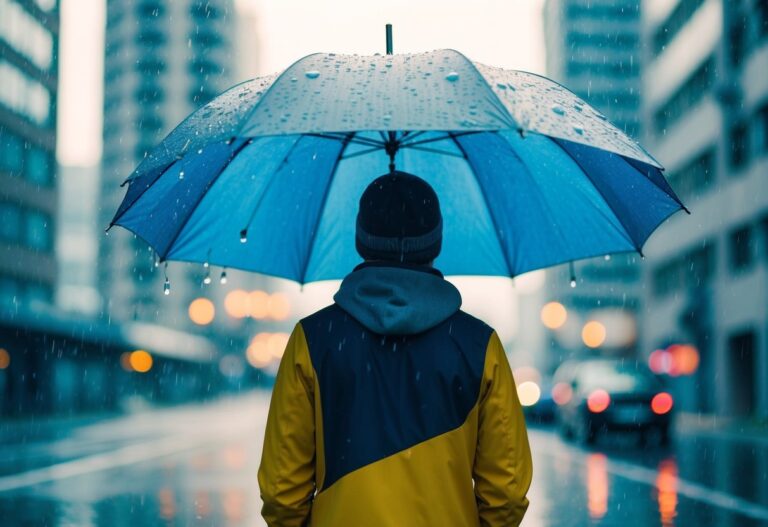 Uma pessoa em pé sob um guarda-chuva na chuva, com gotas de água caindo de cima.