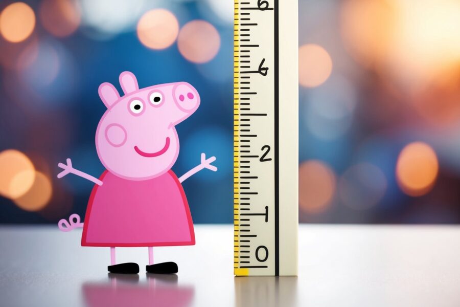 Peppa Pig em pé ao lado de uma régua, medindo sua altura com uma expressão curiosa