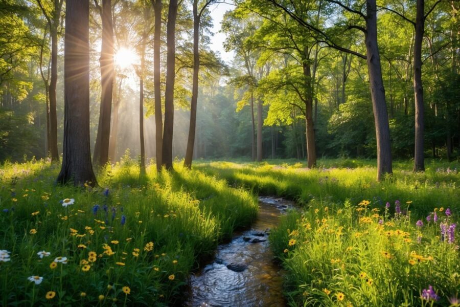 Uma clareira serena na floresta com luz do sol filtrada através das árvores, cercada por flores silvestres coloridas e um riacho suave fluindo pelo centro