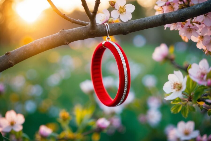 Uma pulseira vermelha pendurada em um galho de árvore, cercada por flores em flor e brilhando ao sol.
