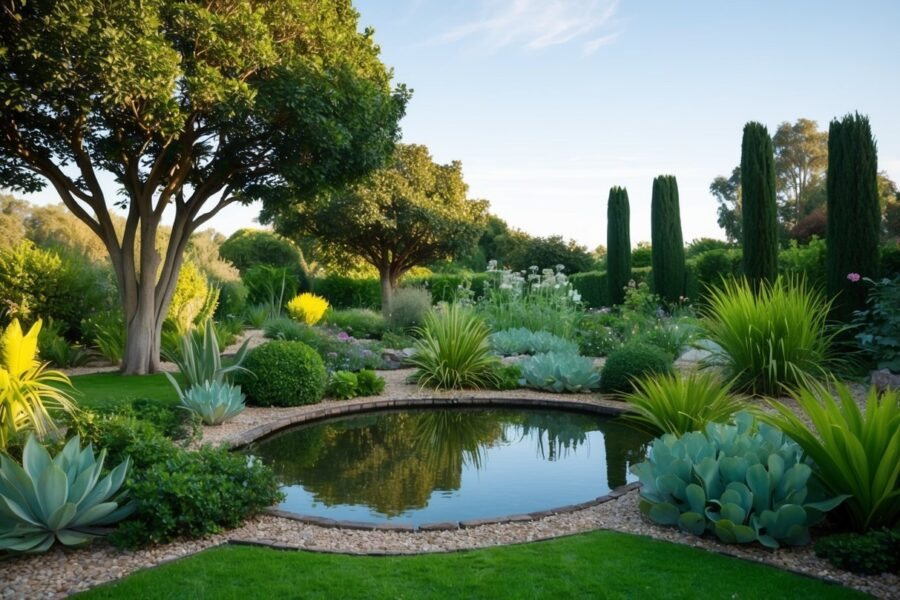 Um jardim sereno com um pequeno lago, cercado por plantas e árvores bíblicas raras e incomuns, sob um céu claro.