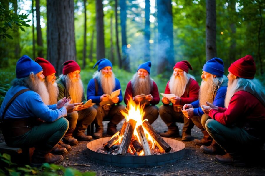 Um grupo de anões em uma floresta exuberante, reunido ao redor de uma fogueira, compartilhando histórias e risadas.