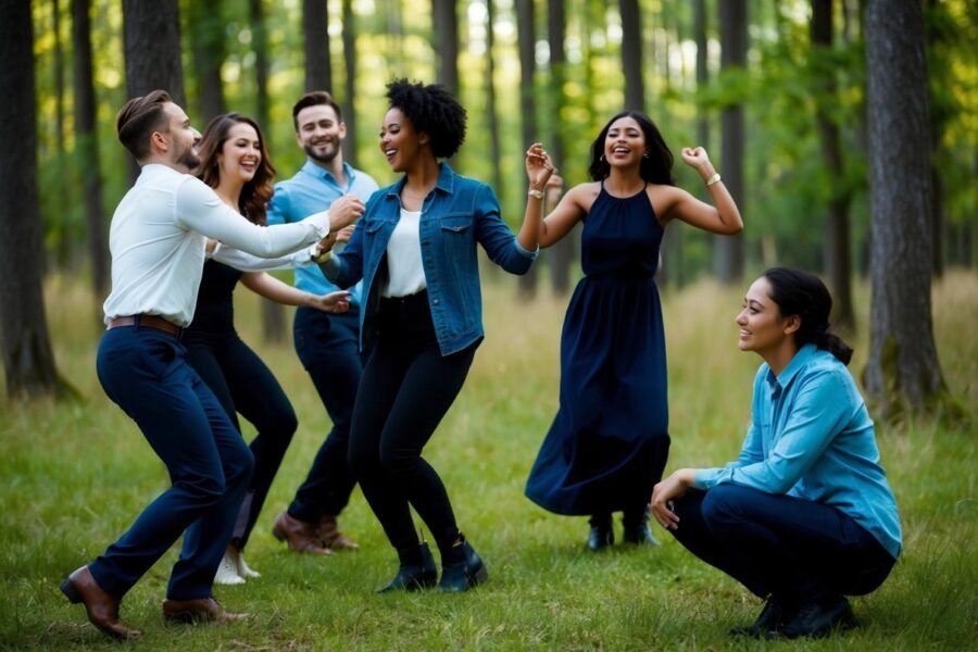 Um grupo de pessoas dançando e rindo em uma floresta, enquanto uma pessoa está sentada sozinha, olhando para os outros com uma expressão sombria.