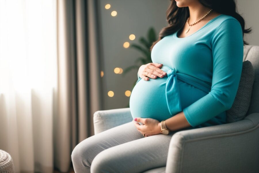 Uma barriga grávida se dobra enquanto ela se senta, cercada por uma cadeira aconchegante e uma iluminação suave.