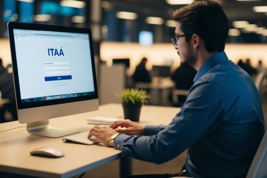 Uma pessoa sentada em uma mesa com um computador, digitando seu número de CPF no site do Itaú para consultar sua conta.