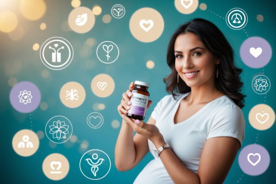 Uma mulher segurando uma garrafa de suplementos de saúde feminina, cercada por símbolos de fertilidade e imagens positivas de gravidez