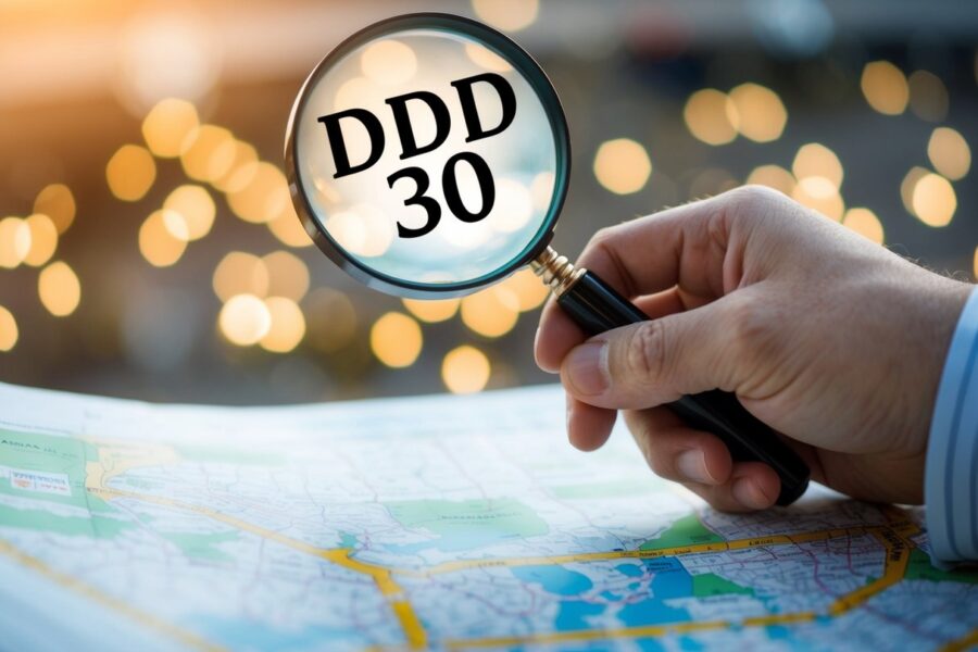 Uma mão alcançando um mapa com uma lupa pairando sobre a localização "DDD 30"