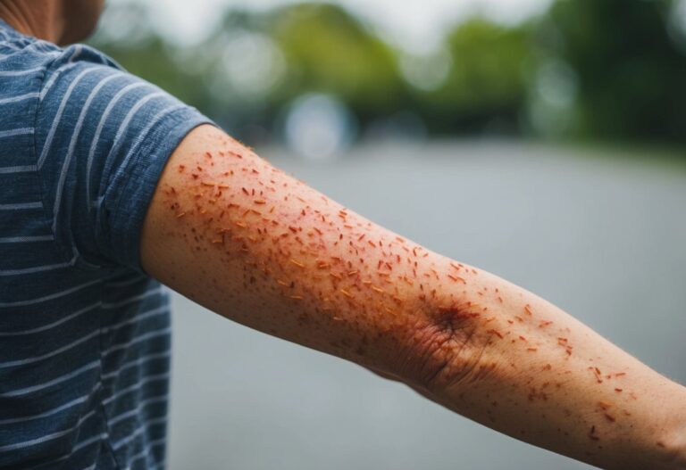 O braço de uma pessoa coberto de urticária vermelha e inflamada, com marcas de arranhões visíveis devido à coceira incessante.