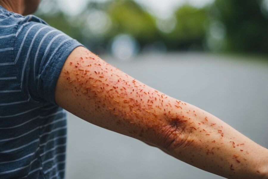O braço de uma pessoa coberto de urticária vermelha e inflamada, com marcas de arranhões visíveis devido à coceira incessante.