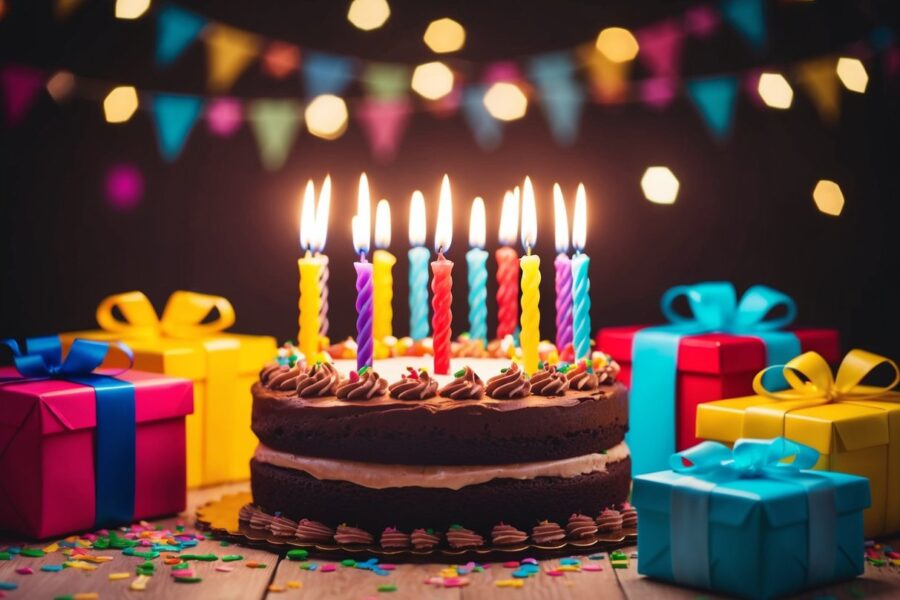 Um bolo de aniversário com velas acesas, cercado por decorações coloridas e presentes