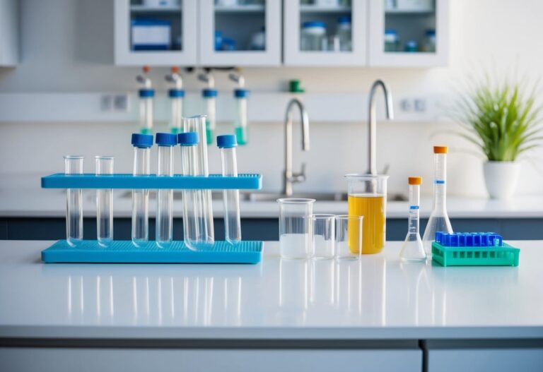 Um ambiente de laboratório com tubos de ensaio, béqueres e equipamentos científicos dispostos em uma bancada limpa e branca.