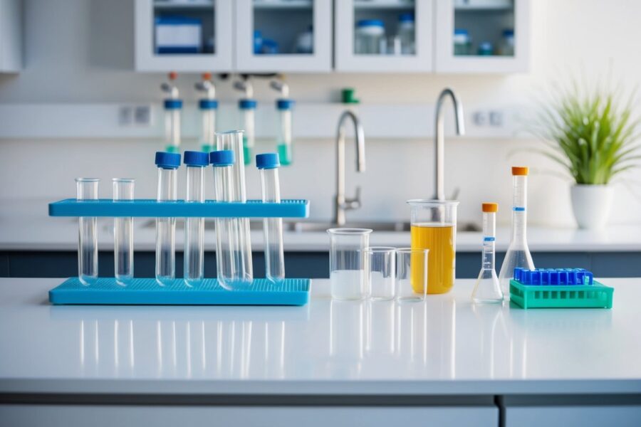 Um ambiente de laboratório com tubos de ensaio, béqueres e equipamentos científicos dispostos em uma bancada limpa e branca.