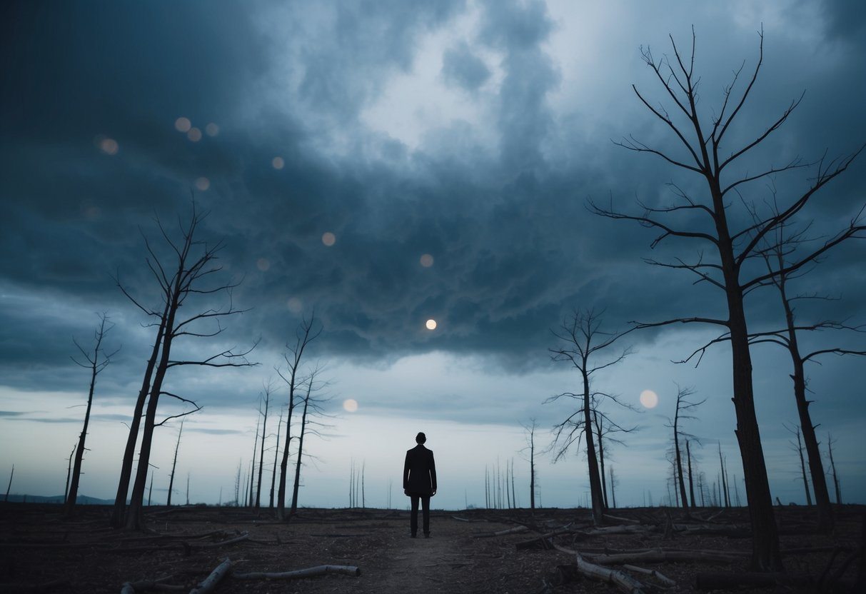 A punição de Tomioka: Uma figura solitária se destaca em uma paisagem desolada, cercada por árvores secas e nuvens sombrias acima.